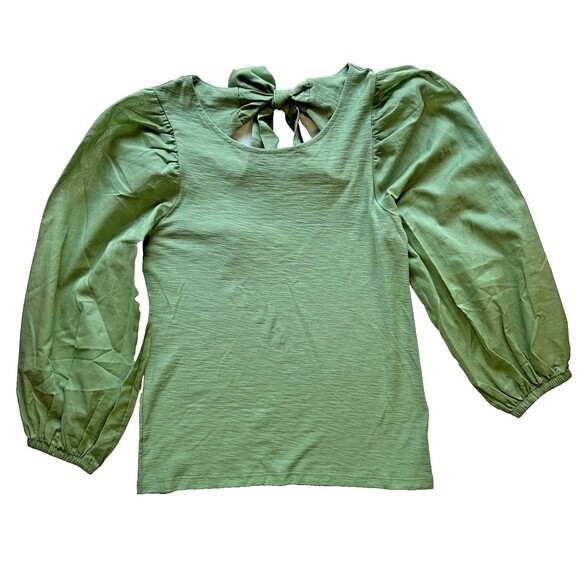 Nation LTD Shalom Tie Back Puff Sleeve Top Blouse Combo Tee XS Clover Green - Picture 4 of 12